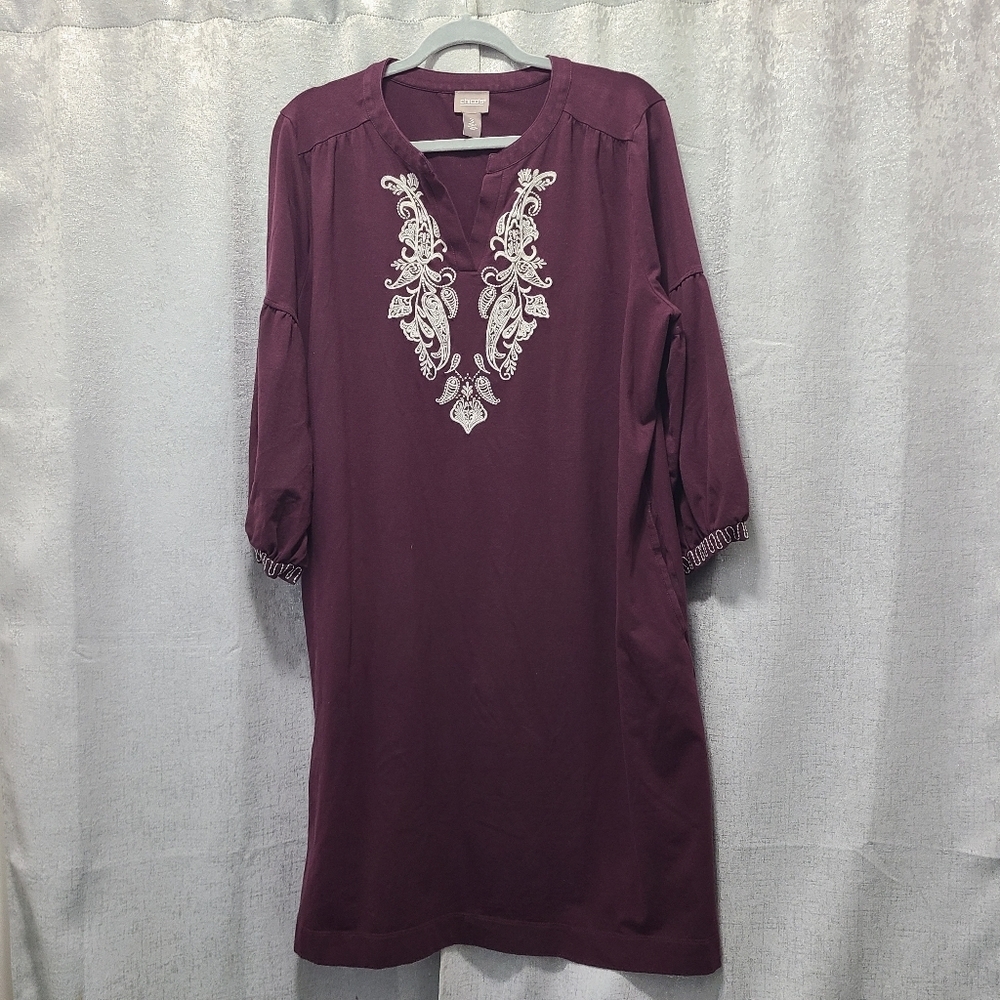 Chico's Embroidery Trimmed long‎ sleeve Split V Neck Midi Dress 3